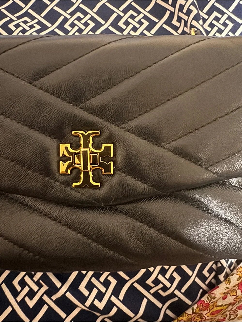Tory Burch Black Quilted Leather Chevron Crossbody with Gold Hardware